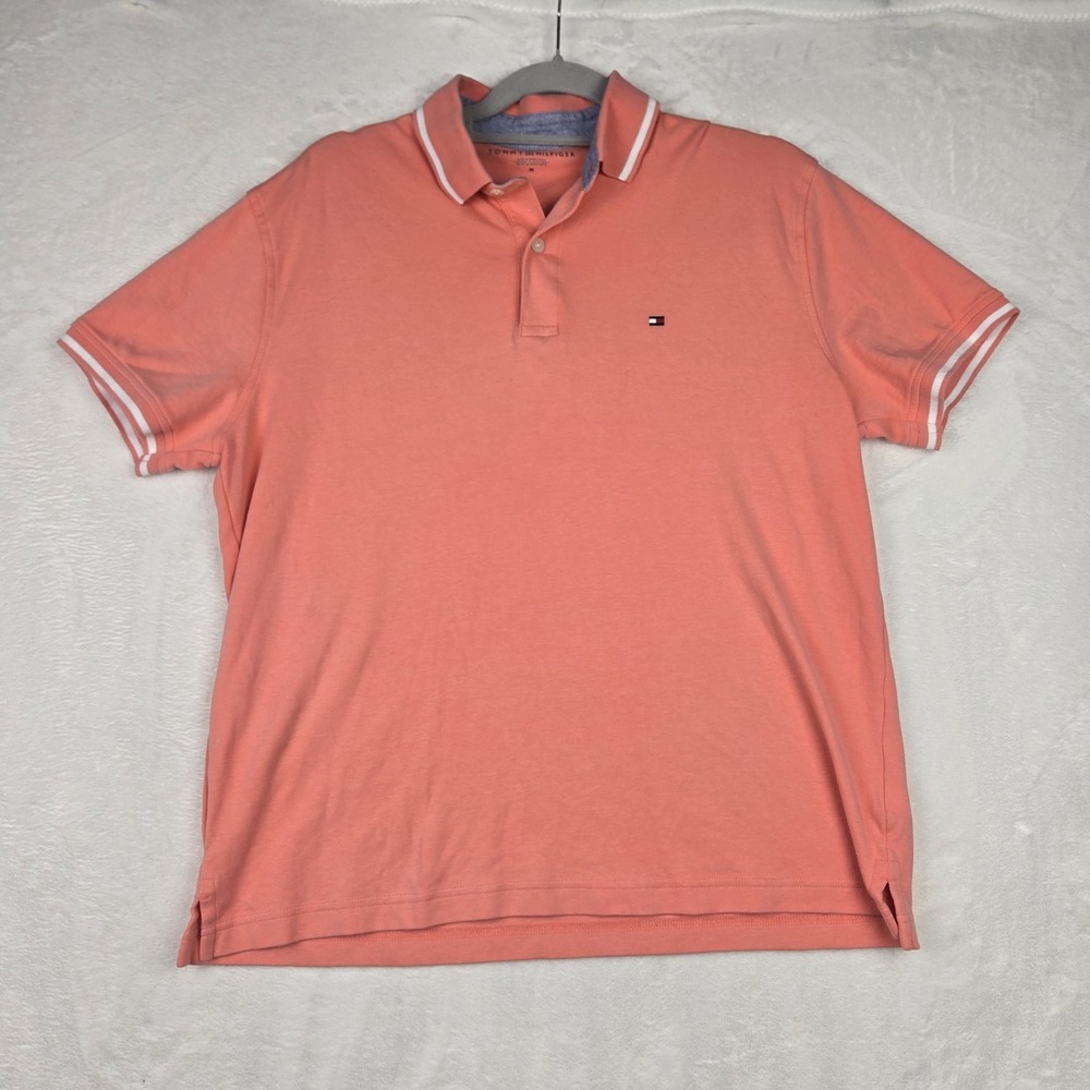 Tommy Hilfiger Men's Orange Pink Polo Size Medium White Piping‎ Logo